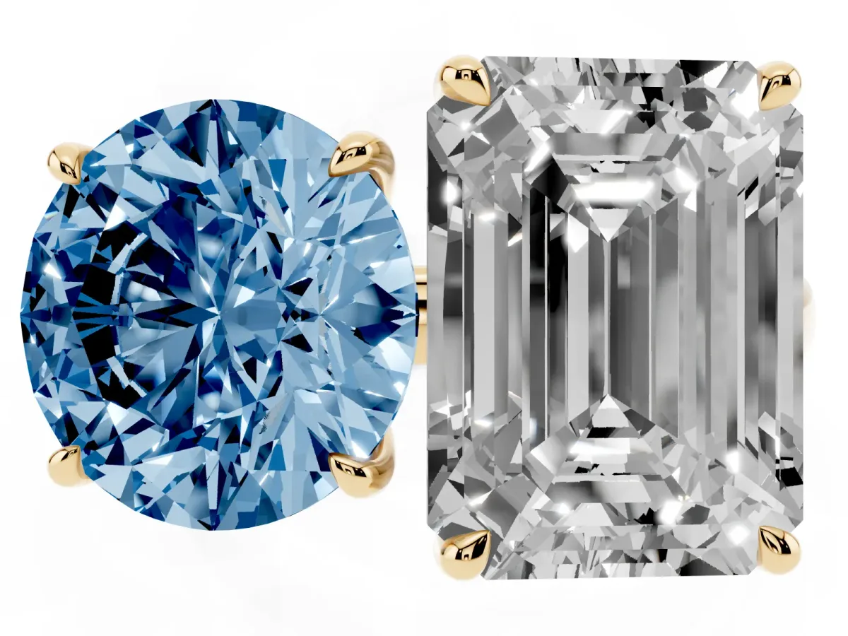 Fancy Blue Round Cut and Emerald Cut Toi Moi Ring with Prong Setting Yellow gold