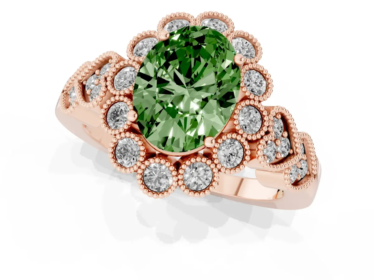Fancy Green Oval Cut Brilliant Milgrain Pave Heart Band Solitaire Ring Rose gold