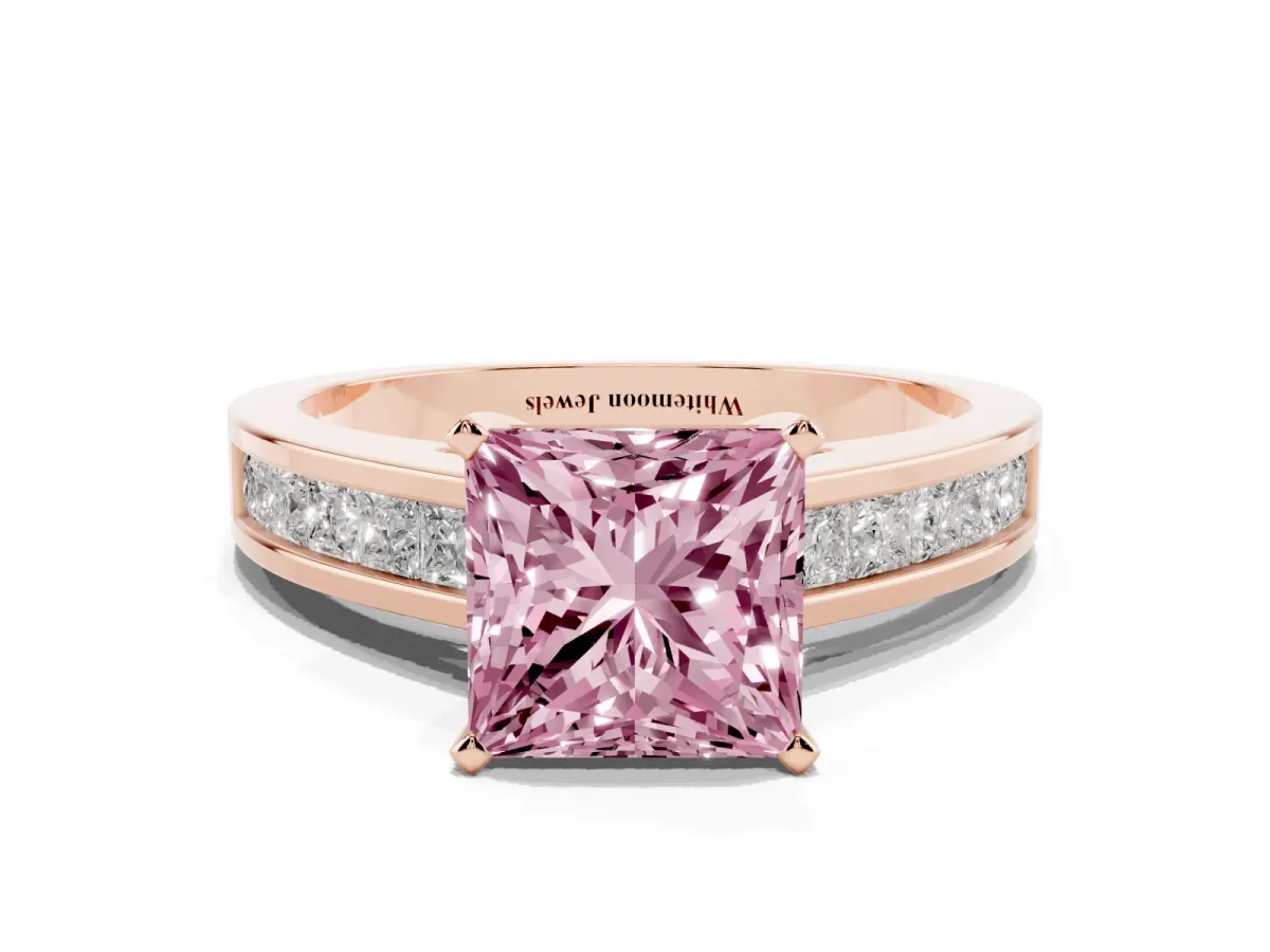 Fancy Pink Princess Cut Solitaire Diamond Ring with Channel-Set Band and Four-Prong Setting Rose gold