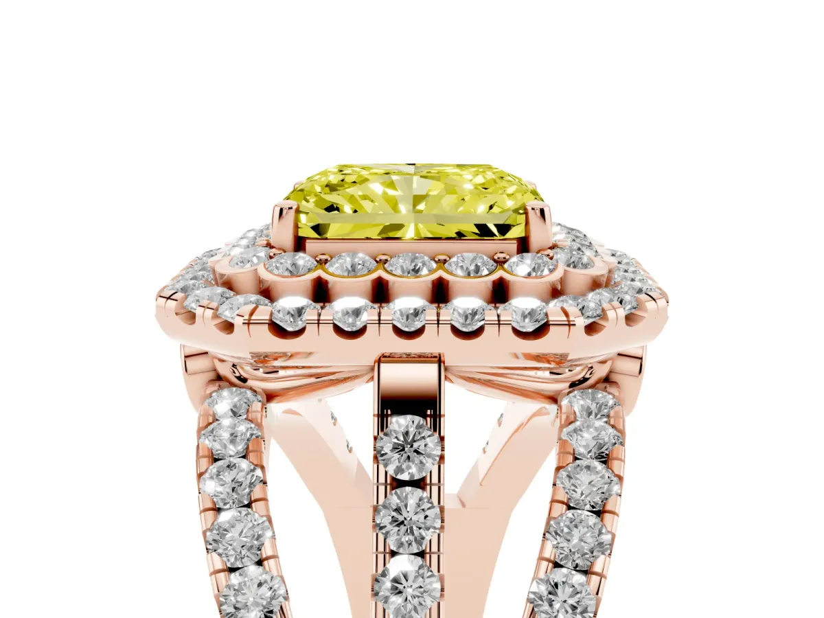 Fancy Yellow Radiant Cut Diamond Double Halo Ring with Round Pavé Split Shank and Prong Setting Rose gold