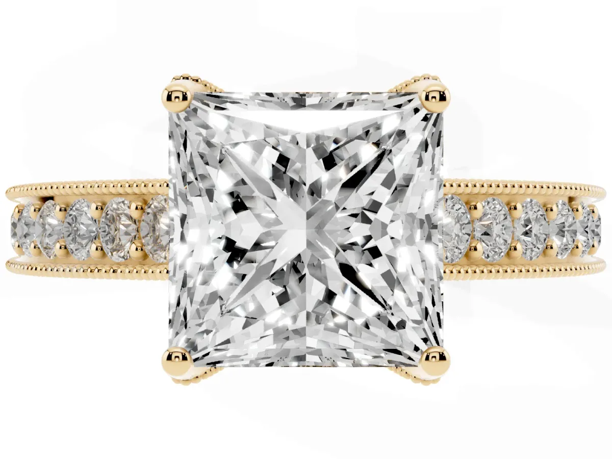 Princess Cut Cut Diamond Solitaire Ring with Milgrain Pave Band and Four Prong Setting Yellow gold