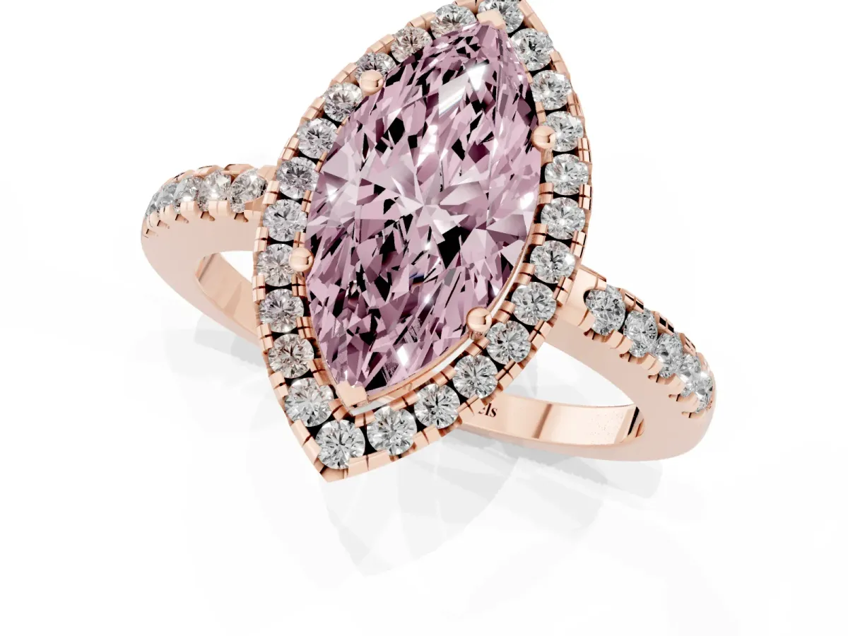 Fancy Pink Marquise Cut Halo Diamond Engagement Ring with Pavé Band and Four-Prong Setting Rose gold