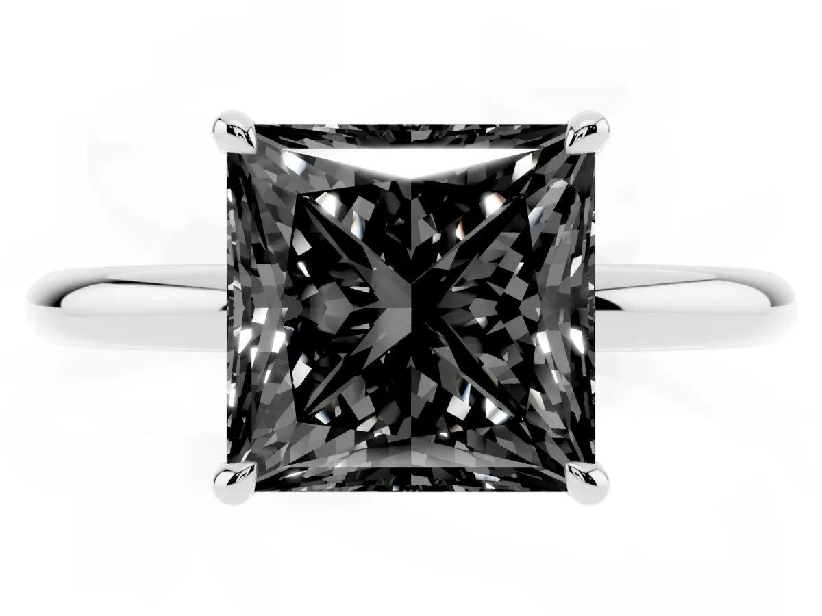 Fancy Black Princess Cut Diamond Solitaire Ring with Thin Band and Four-Prong Setting Platinum