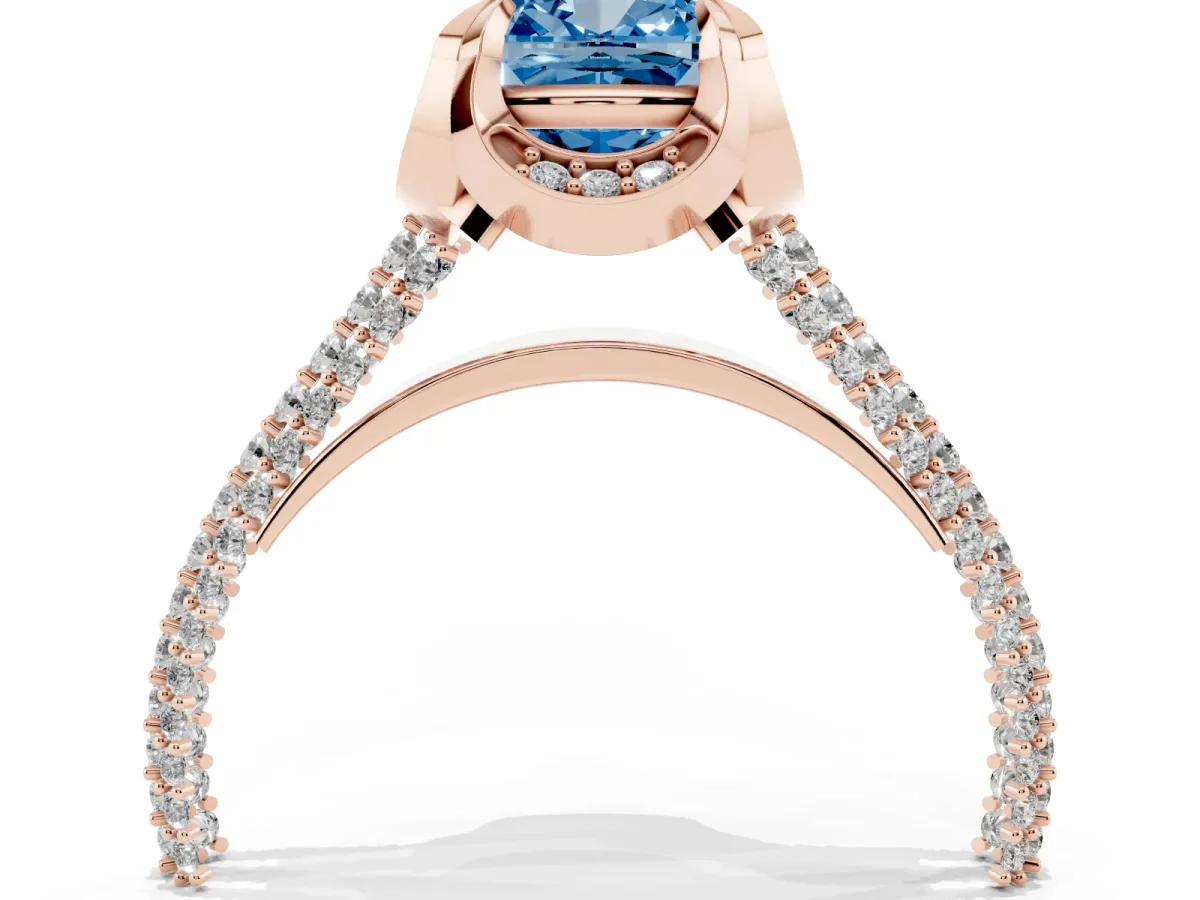 Fancy Blue Cushion Cut Solitaire Pave Split Shank Ring with Four-Prong Setting Rose gold