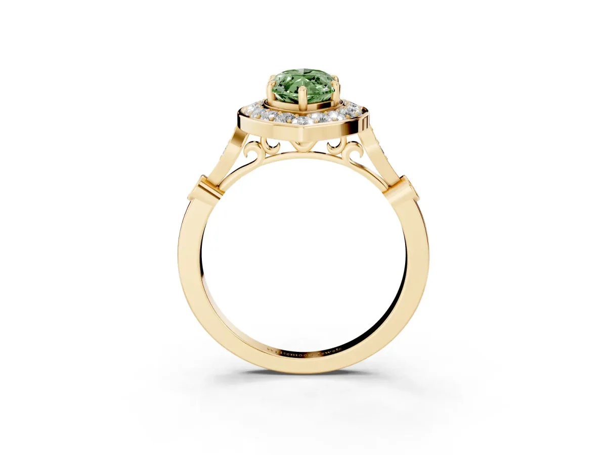 Fancy Green Marquise Cut Halo Diamond Engagement Ring with Twisted Band and Four-Prong Setting Yellow gold