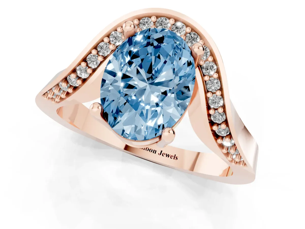 Fancy Blue Oval Cut Solitaire Diamond Engagement Ring with Pave Band and Four-Prong Setting Rose gold