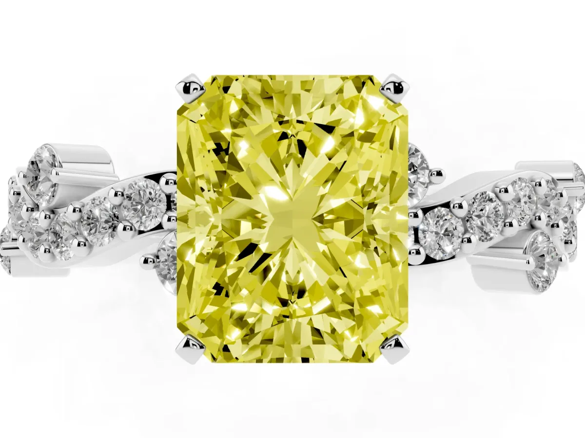 Fancy Yellow Radiant Cut Cut Solitaire Diamond Twisted Band with Pave Setting Silver