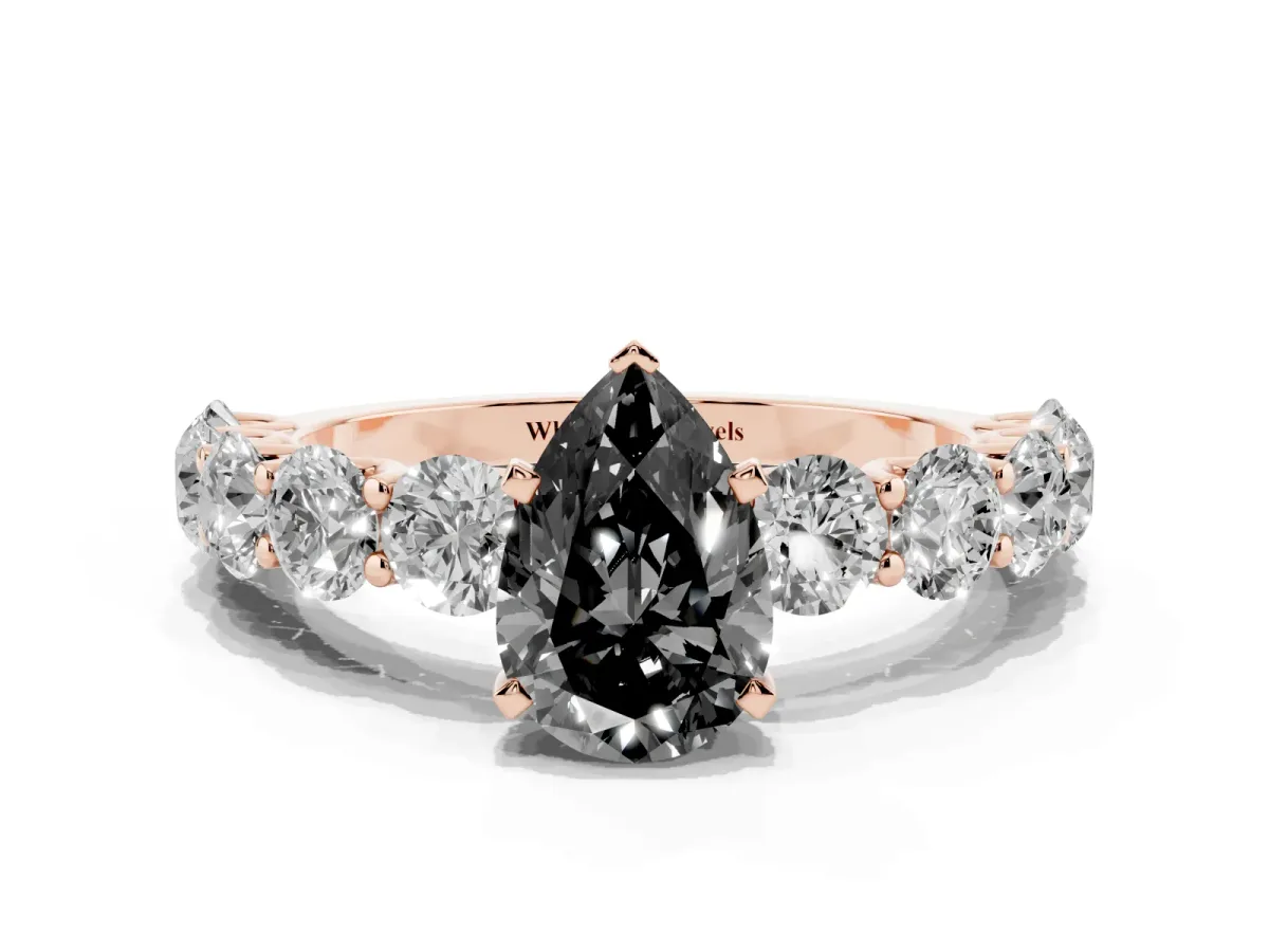Fancy Black Pear Cut Diamond Prong Setting with Side Stones on a Pave Band Rose gold