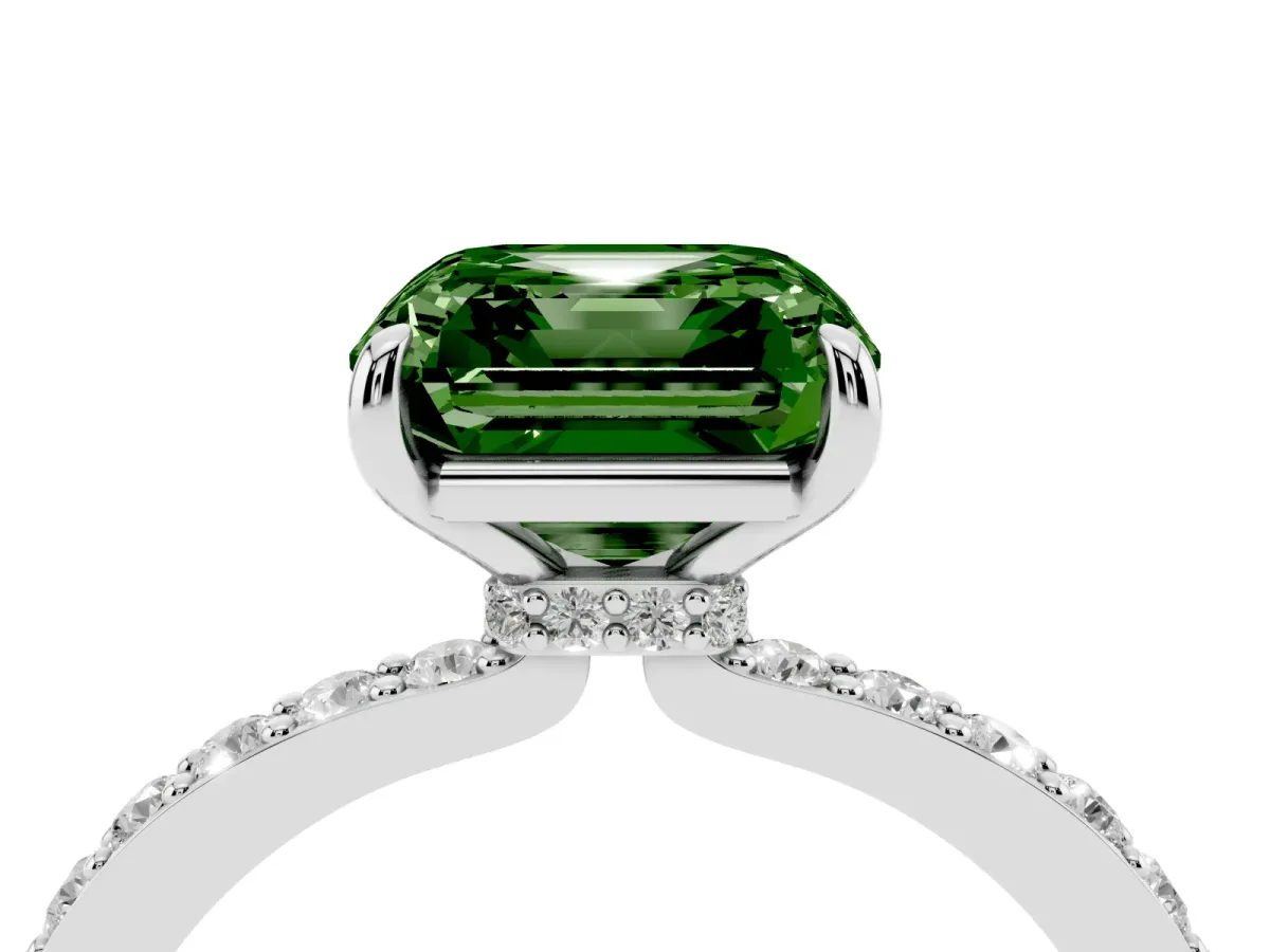Fancy Green Asscher Cut Diamond Pavé Engagement Ring with Round Accents and Prong Setting Silver