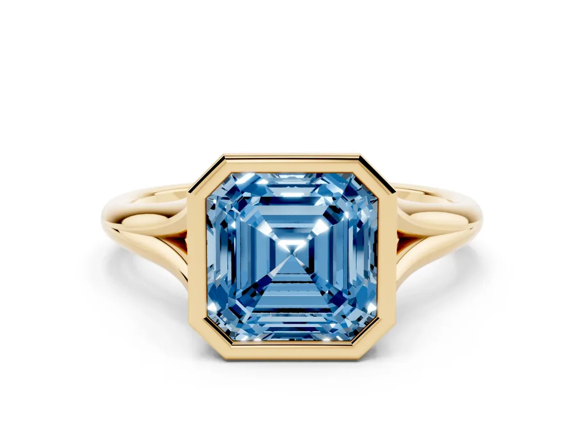 Fancy Blue Bezel Set Asscher Cut Cut Solitaire Ring with Tapered Band Yellow gold