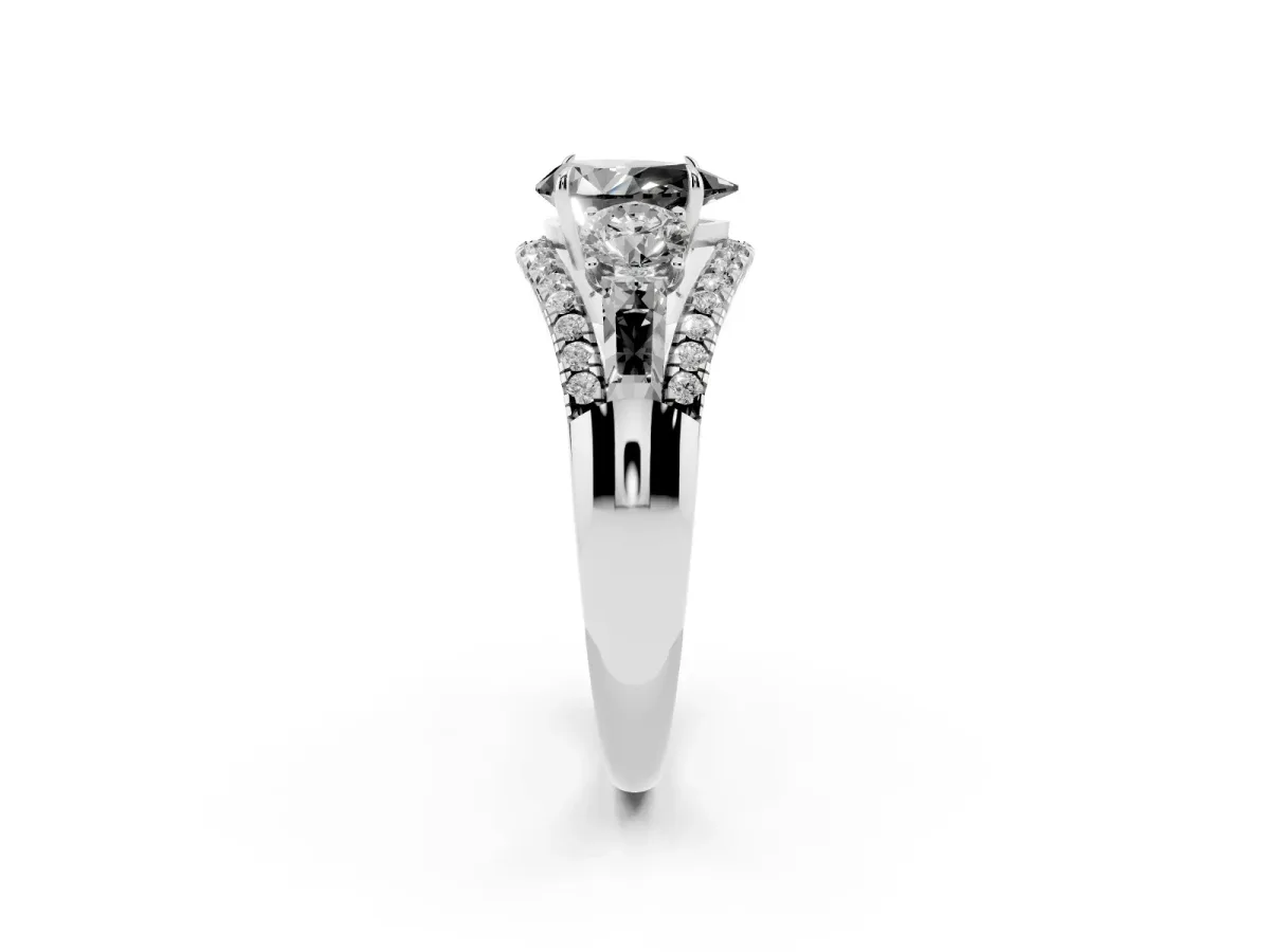 Fancy Black Three-Stone Pear Cut Diamond Engagement Ring with Pave Band and Prong Setting Silver