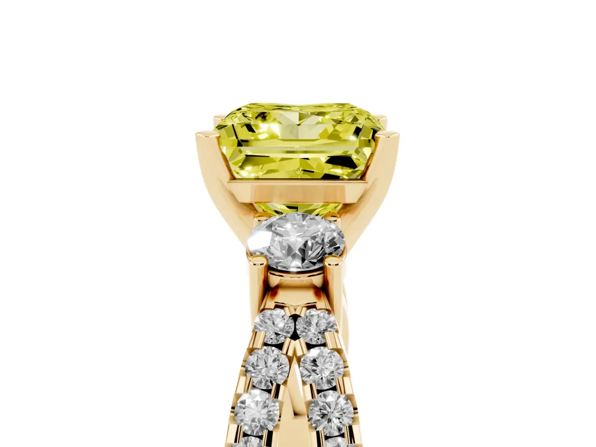 Fancy Yellow Princess Cut Diamond Three-Stone Ring with Pavé Split Shank and Four-Prong Setting Yellow gold