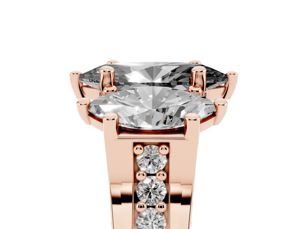 Fancy Black Marquise Cut Diamond Three-Stone Ring with Channel Set Band and Four-Prong Setting Rose gold