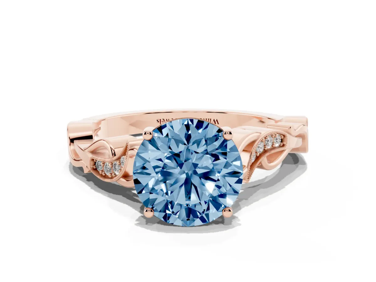 Fancy Blue Round Cut Solitaire Vine Band with Milgrain Prong Setting Rose gold