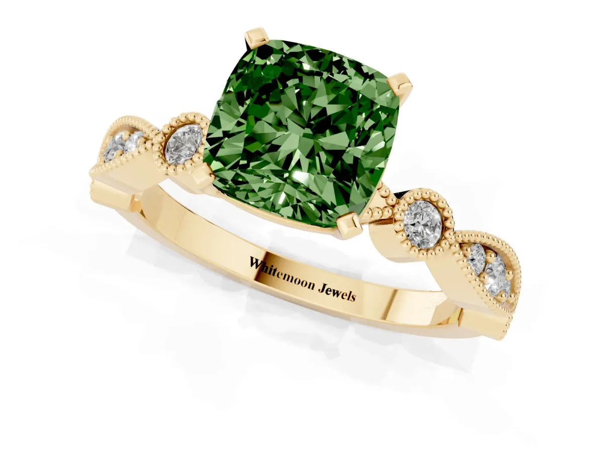 Fancy Green Cushion Cut Milgrain Bezel Diamond Engagement Ring with Solitaire Prong Setting Yellow gold