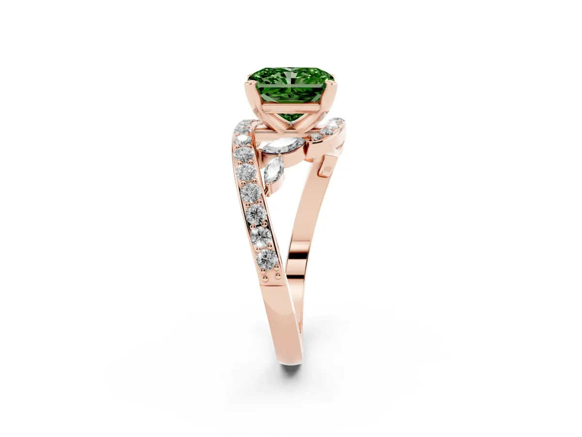 Fancy Green Radiant Cut Solitaire with Pavé Twist Band and Four-Prong Setting Rose gold