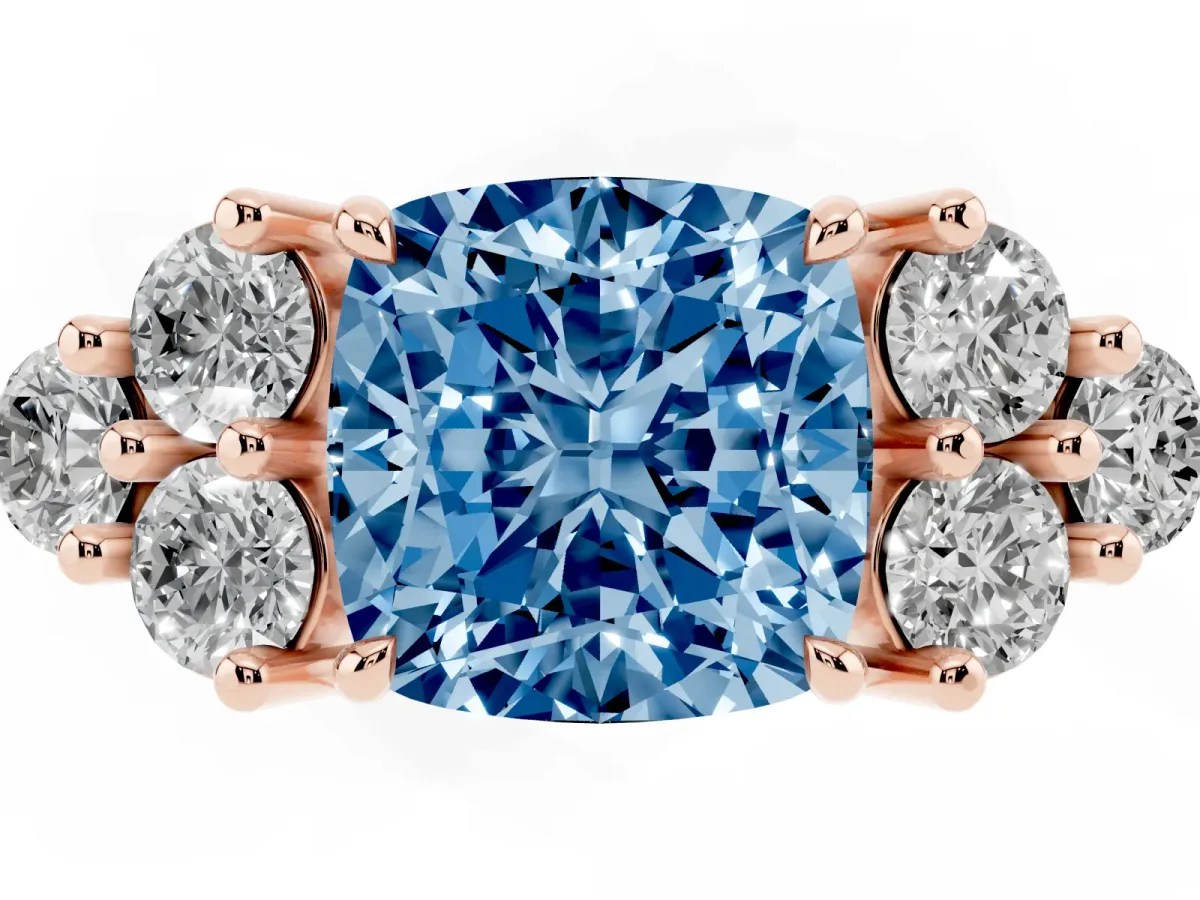 Fancy Blue Cushion Cut Brilliant Diamond Cluster Accent Solitaire Ring with Prong Setting Rose gold