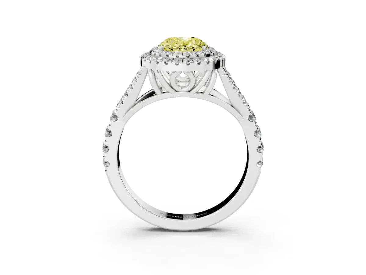 Fancy Yellow Oval Cut Cut Double Halo Split Shank Diamond Ring with Prong Setting Platinum