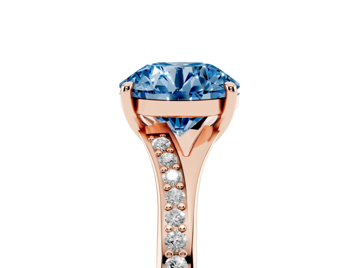 Fancy Blue Round Cut Diamond Solitaire Ring with Pavé Band and Prong Setting Rose gold