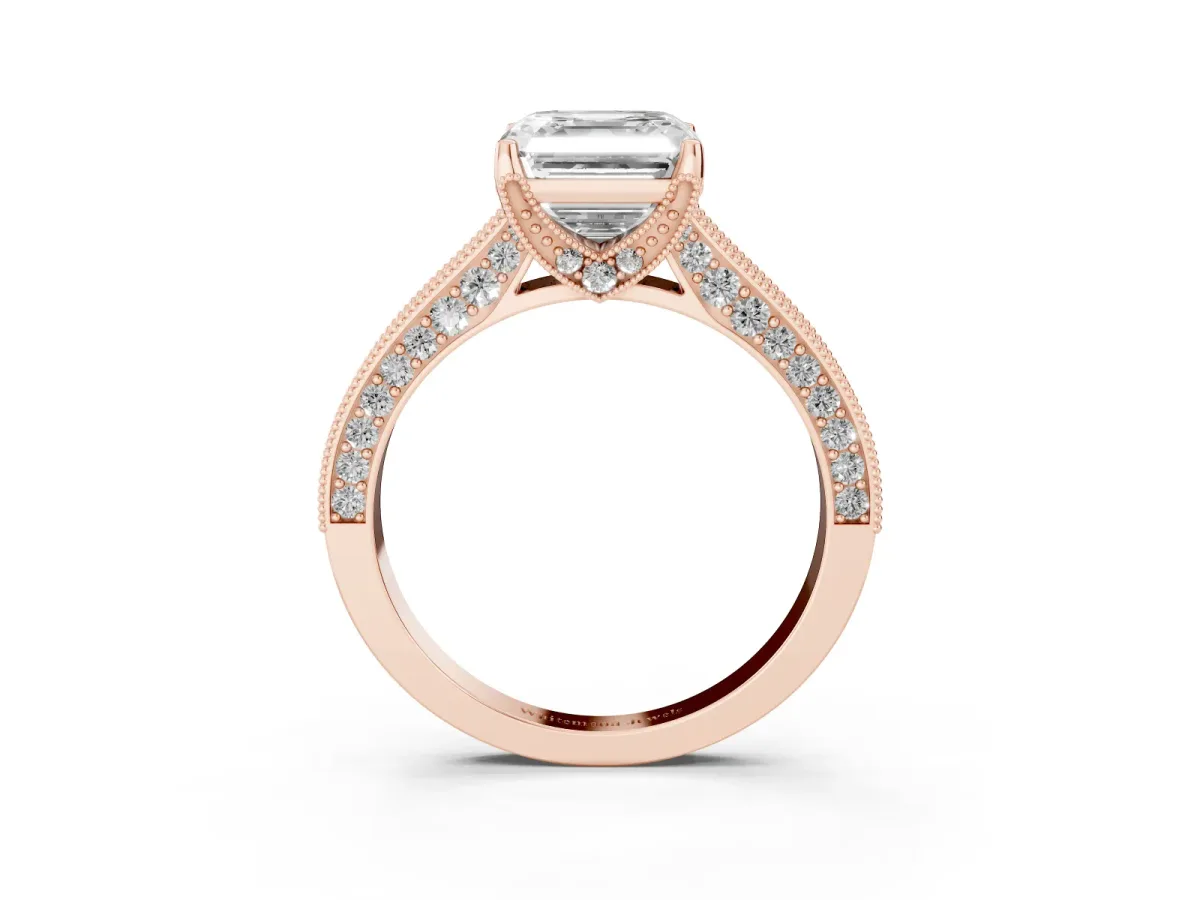 Asscher Cut Cut Diamond Solitaire Ring with Milgrain Pave Band and Four Prong Setting Rose gold
