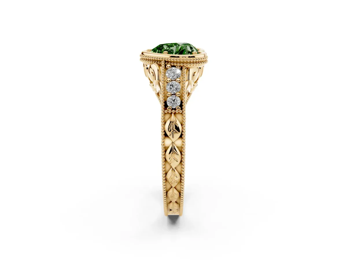 Fancy Green Bezel Set Heart Cut Diamond Milgrain Pave Engagement Ring Yellow gold