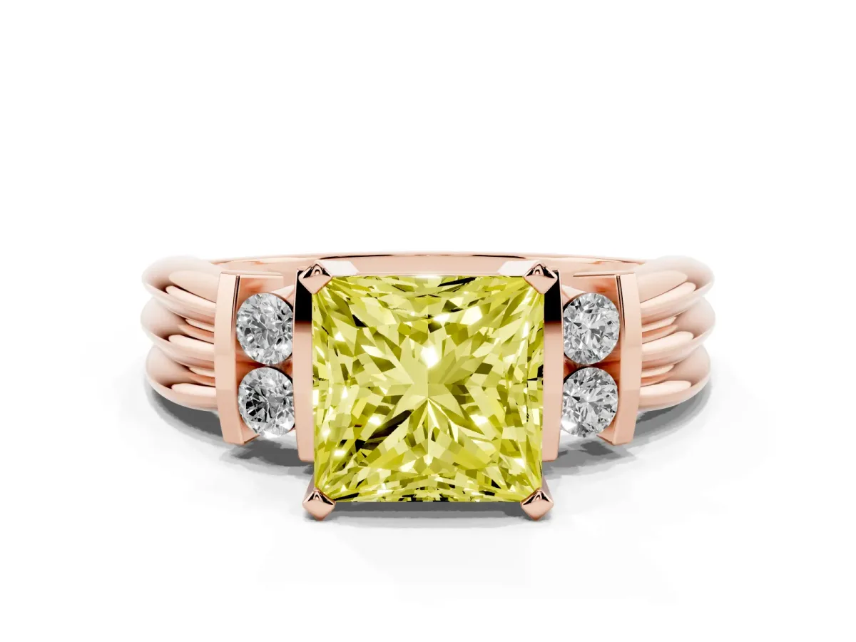 Fancy Yellow Princess Cut Cut Three-Stone Channel Set Ring with Bar Prongs Rose gold