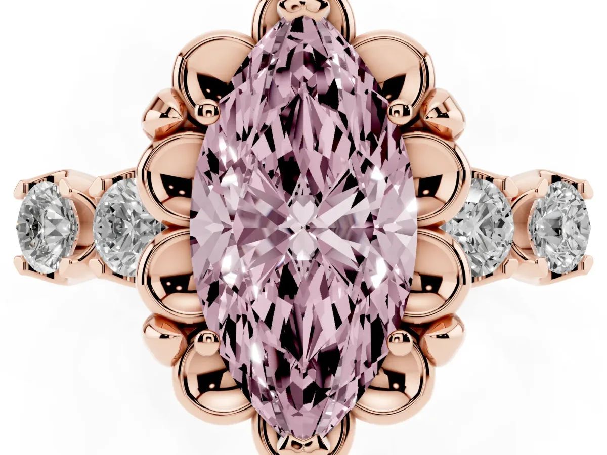Fancy Pink Marquise Cut Cut Diamond Floral Halo Engagement Ring with Shared Prong Setting Rose gold