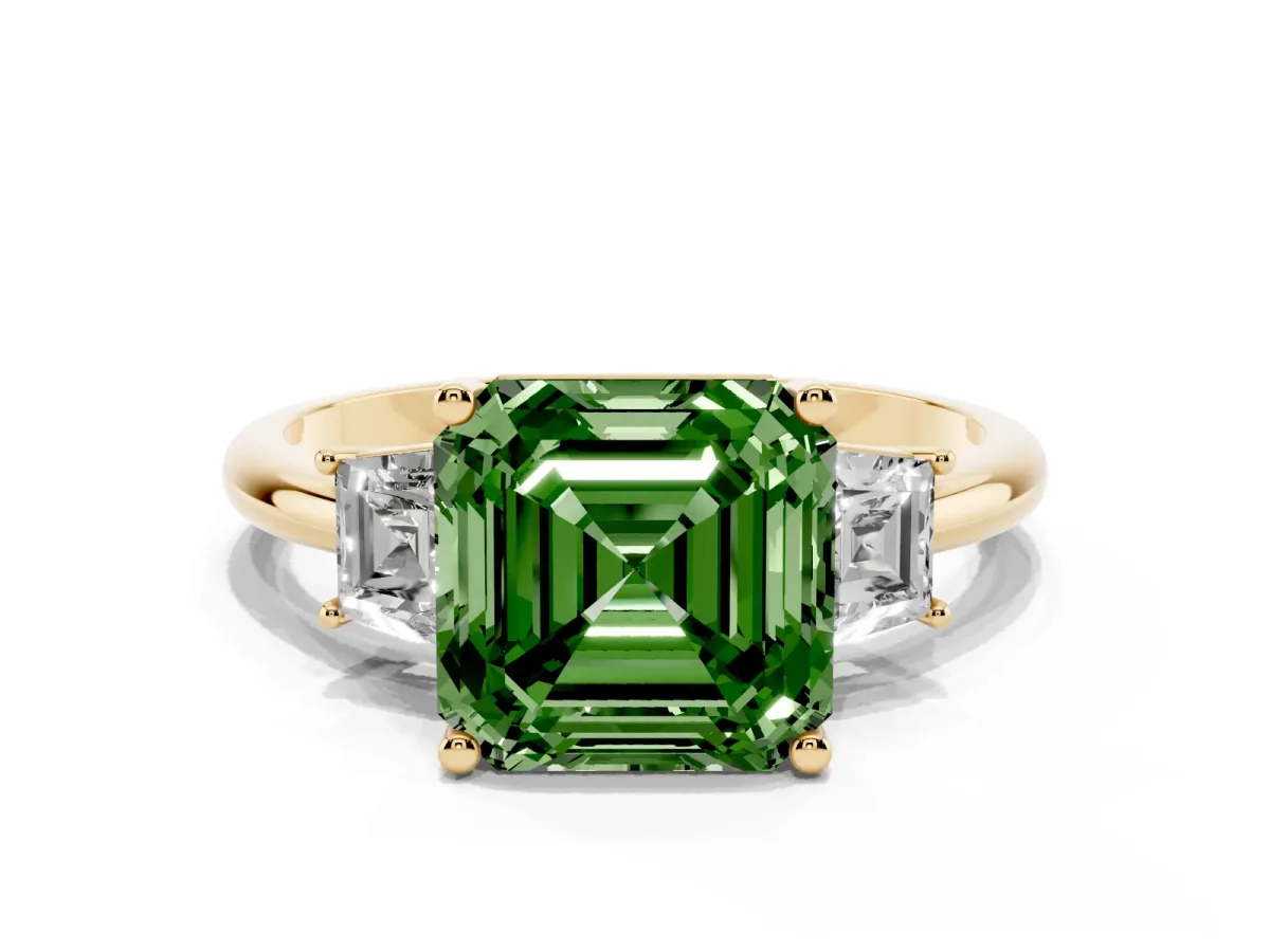 Fancy Green Asscher Cut Diamond Three-Stone Ring with Trapezoid Side Stones and Prong Setting Yellow gold