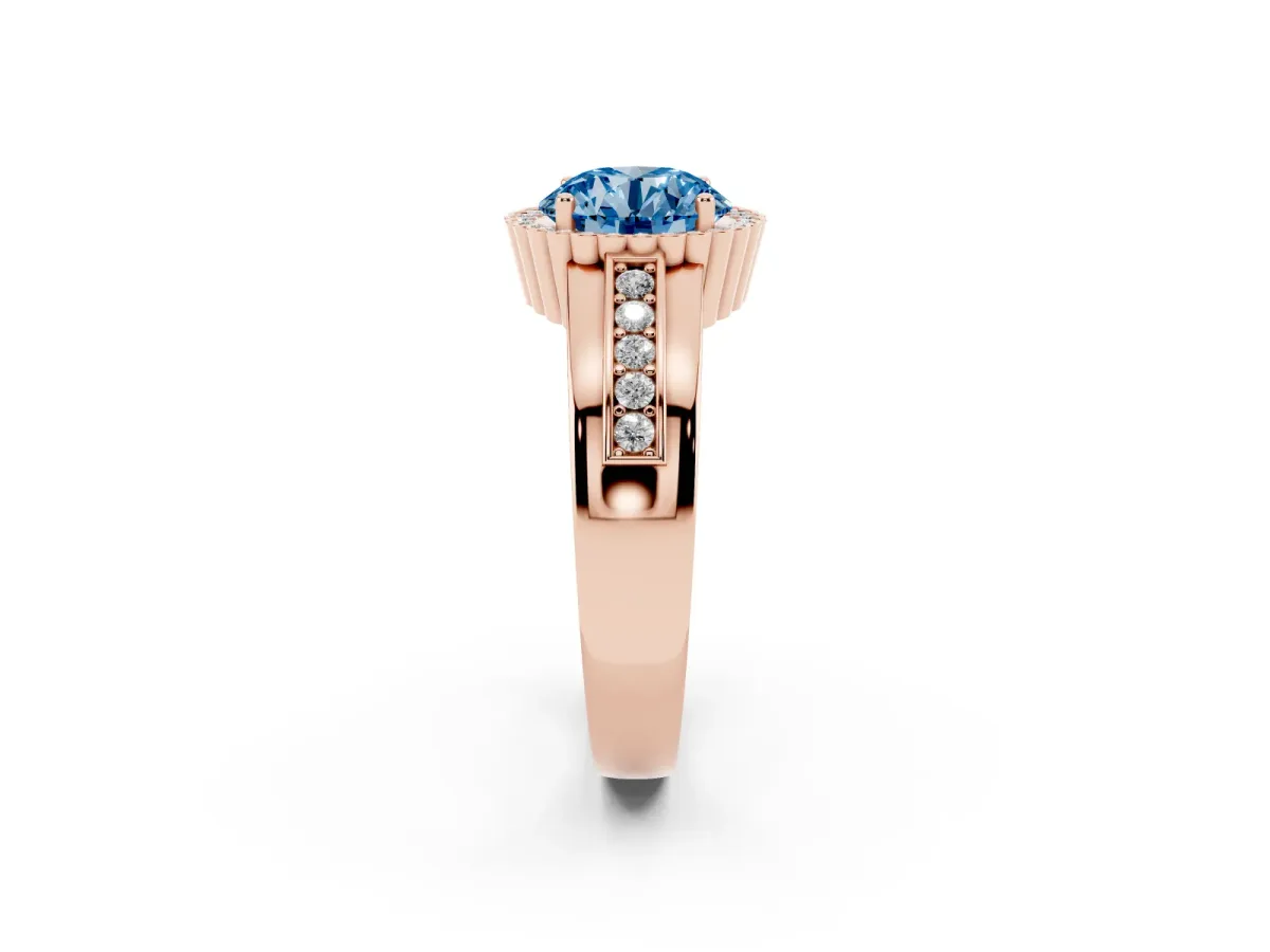 Fancy Blue Round Cut Cut Halo Pave Band Four-Prong Ring Rose gold