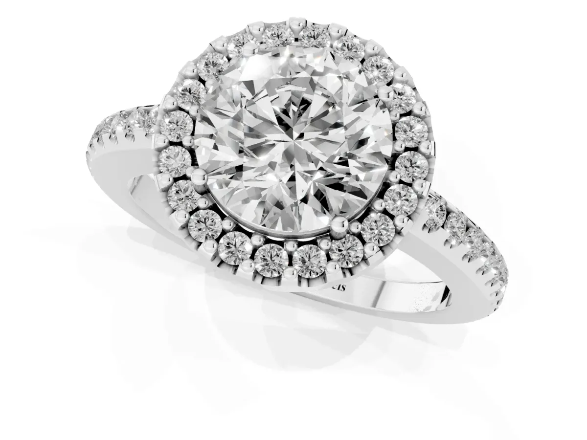 Round Cut Diamond Pavé Halo Ring with Four-Prong Setting Silver