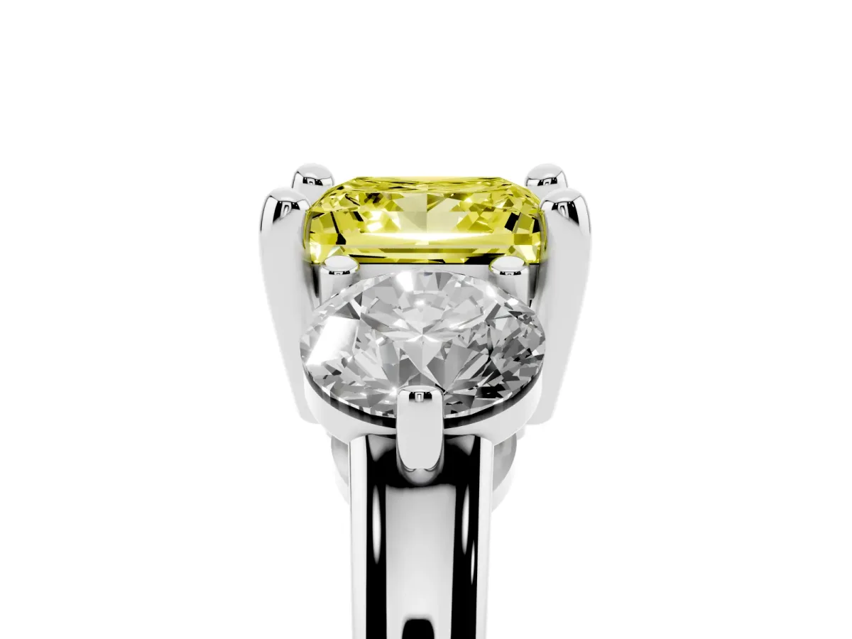 Fancy Yellow Three-Stone Princess Cut Brilliant Cut Solitaire Ring with Prong Setting on a Classic Band Silver