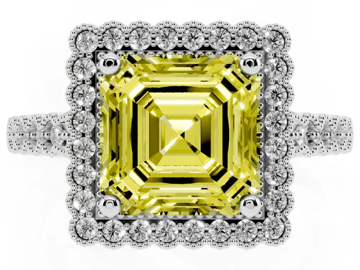 Fancy Yellow Asscher Cut Cut Halo Pavé Solitaire Ring with Milgrain Band Silver