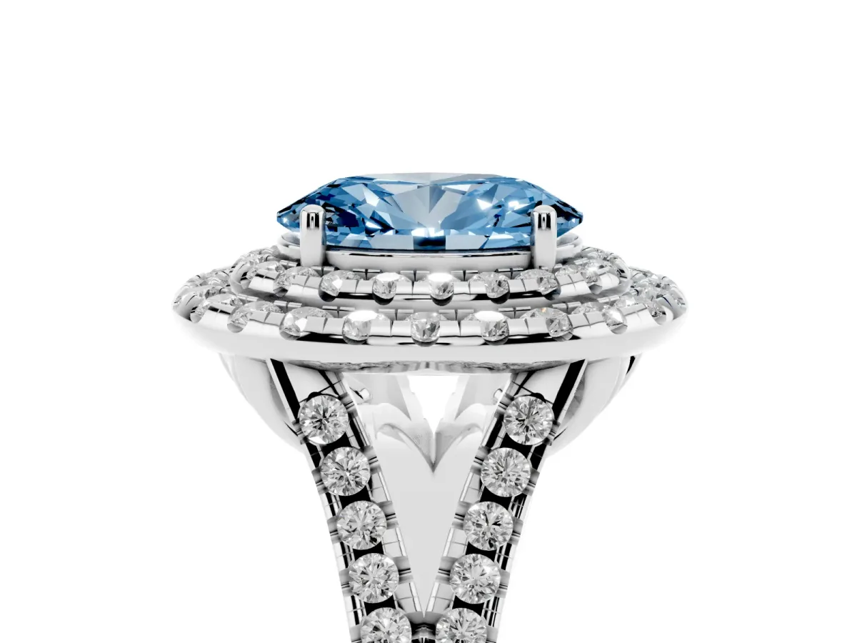 Fancy Blue Double Halo Oval Cut Diamond Pavé Split Shank Ring with Prong Setting White gold