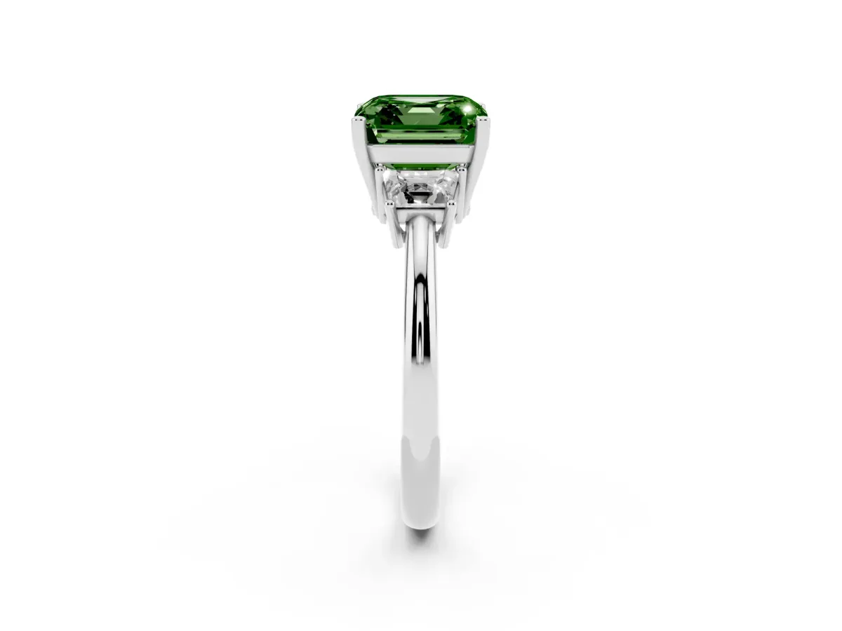 Fancy Green Asscher Cut Diamond Three-Stone Ring with Trapezoid Side Stones and Prong Setting Silver