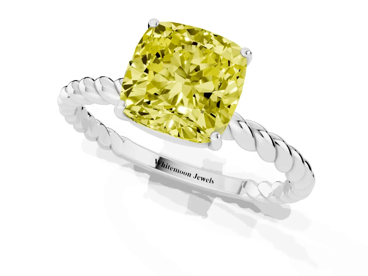 Fancy Yellow Cushion Cut Solitaire Twisted Band 4-Prong Ring Silver