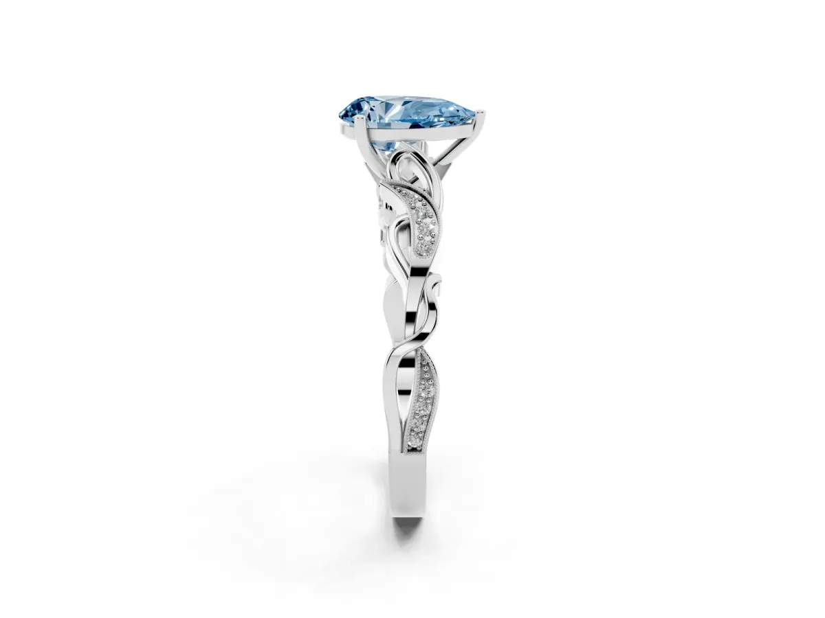 Fancy Blue Pear Cut Solitaire Vine Band with Milgrain Prong Setting Platinum