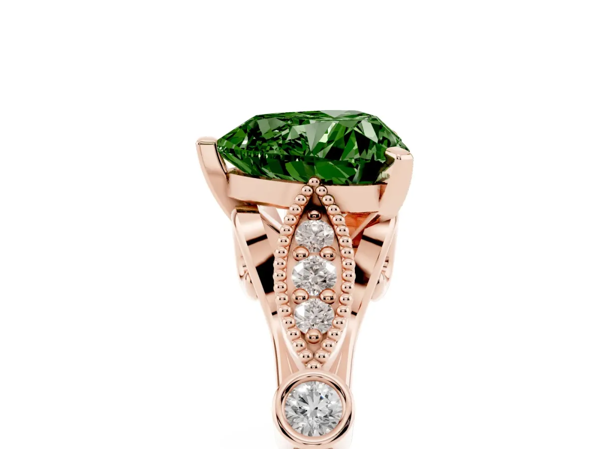 Fancy Green Heart Cut Cut Diamond with Milgrain Marquise and Bezel Accents on a Solitaire Band with Prong Setting Rose gold