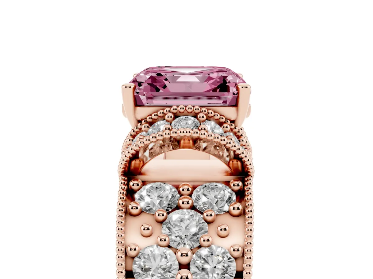 Fancy Pink Asscher Cut Halo Pave Diamond Engagement Ring with Milgrain Detailing Rose gold