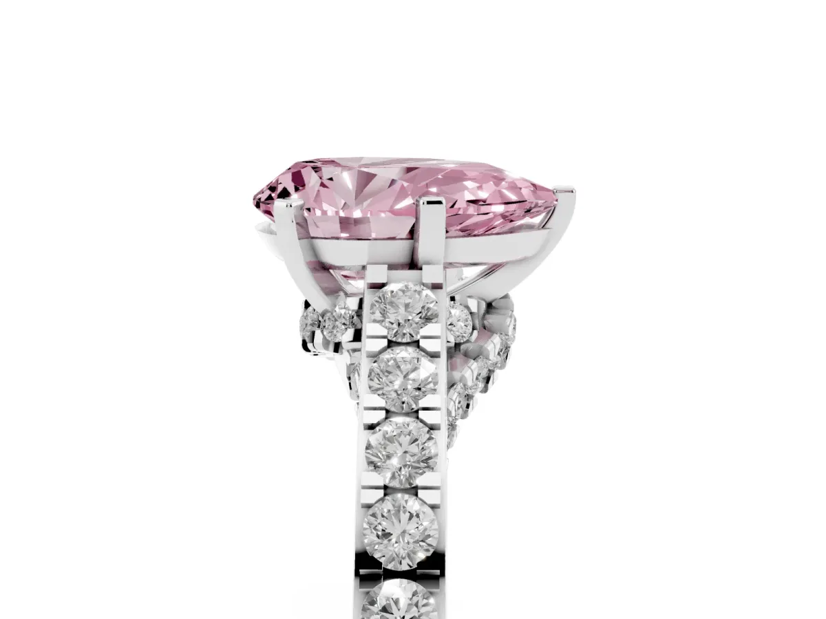 Fancy Pink Pear Cut Diamond Solitaire Ring with Crossover Gallery and Round Pavé Band Platinum