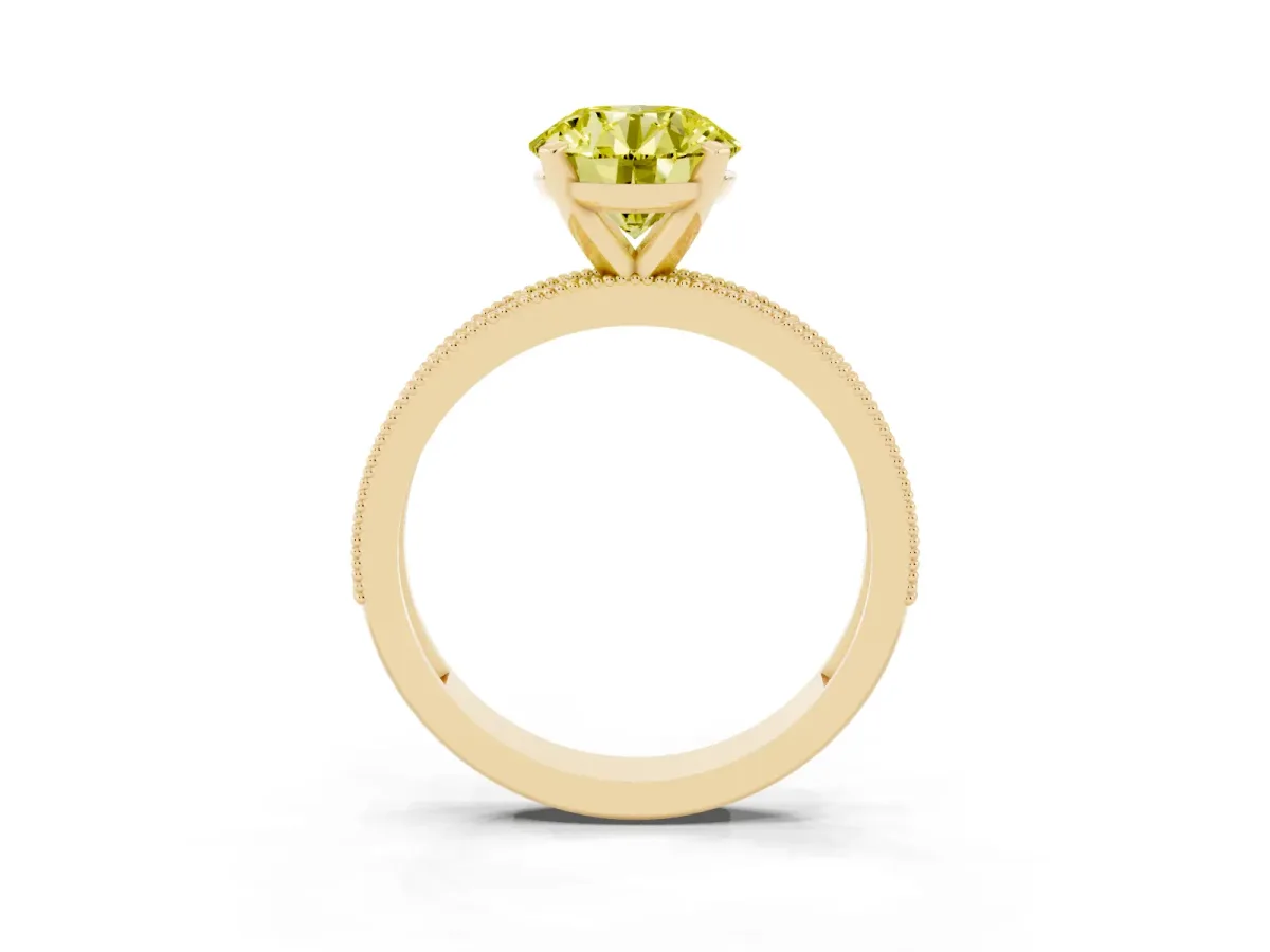 Fancy Yellow Round Cut Diamond Milgrain Pavé Engagement Ring with Four-Prong Setting Yellow gold