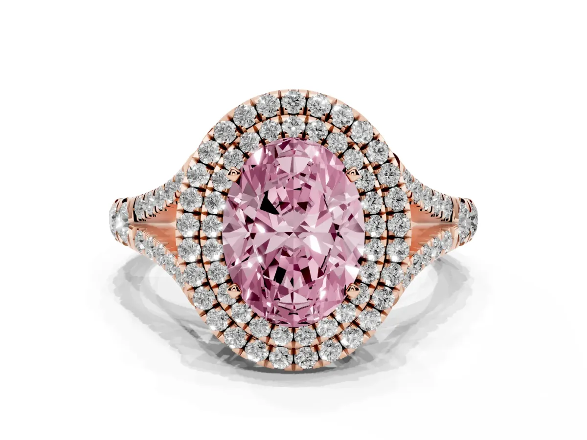 Fancy Pink Oval Cut Cut Double Halo Split Shank Diamond Ring with Prong Setting Rose gold