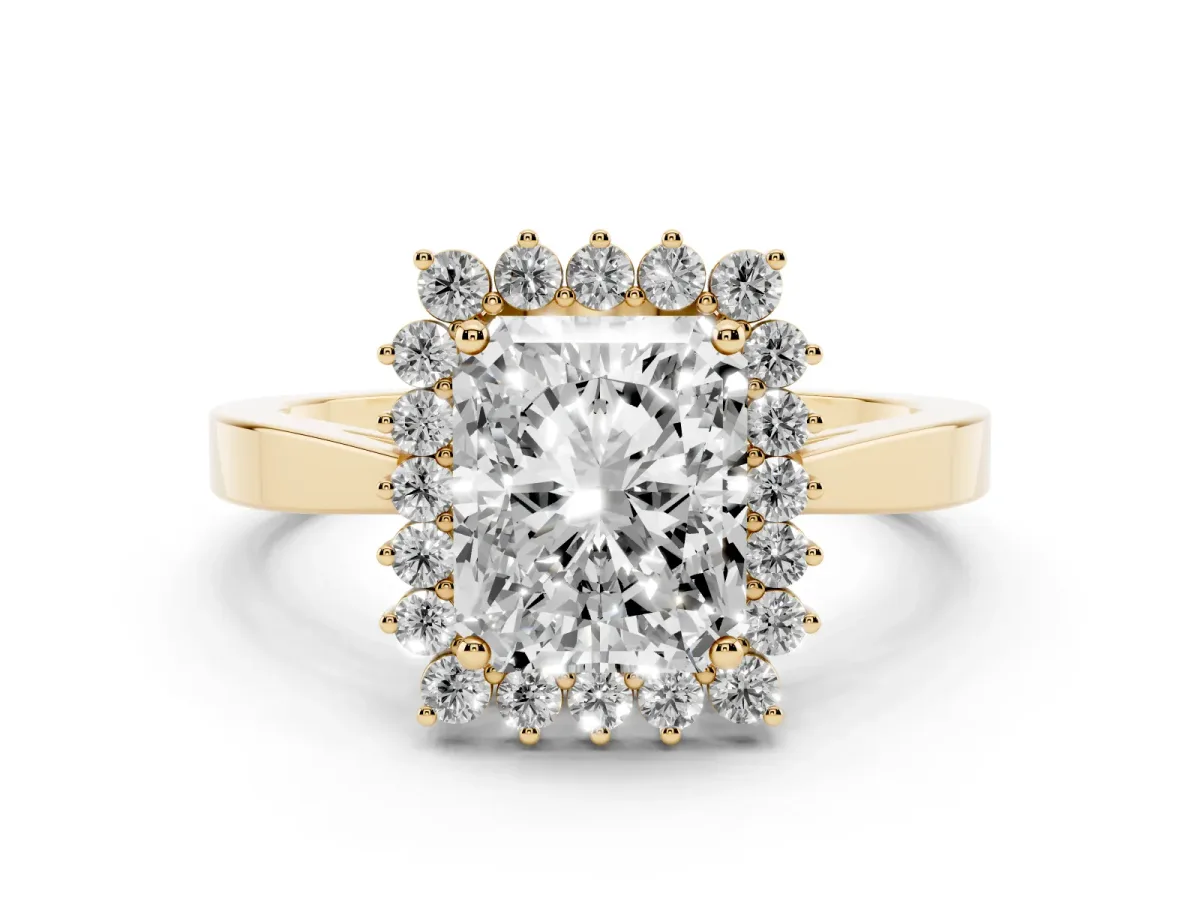 Radiant Cut Cut Diamond Halo Ring with Round Brilliant Halo and Solitaire Band Yellow gold
