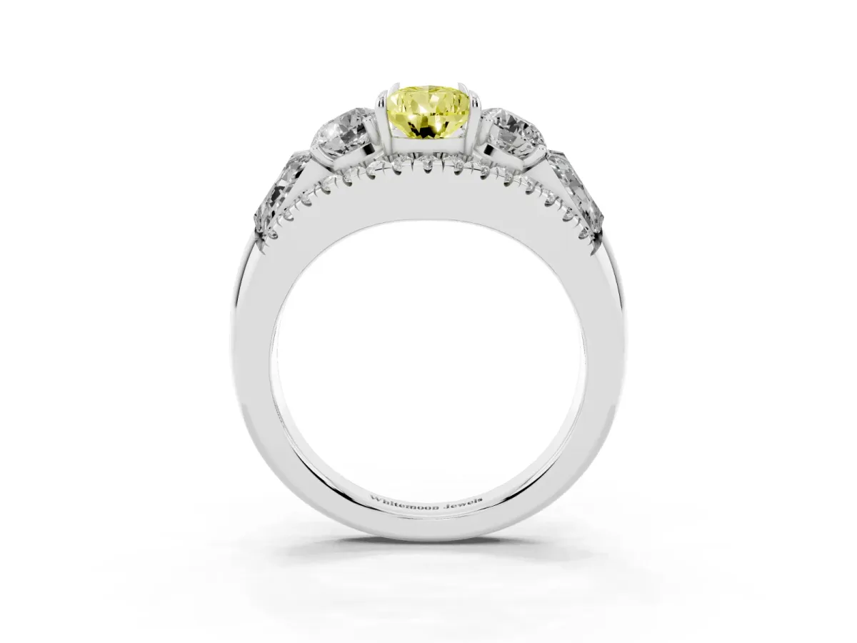 Fancy Yellow Three-Stone Pear Cut Diamond Engagement Ring with Pave Band and Prong Setting Silver