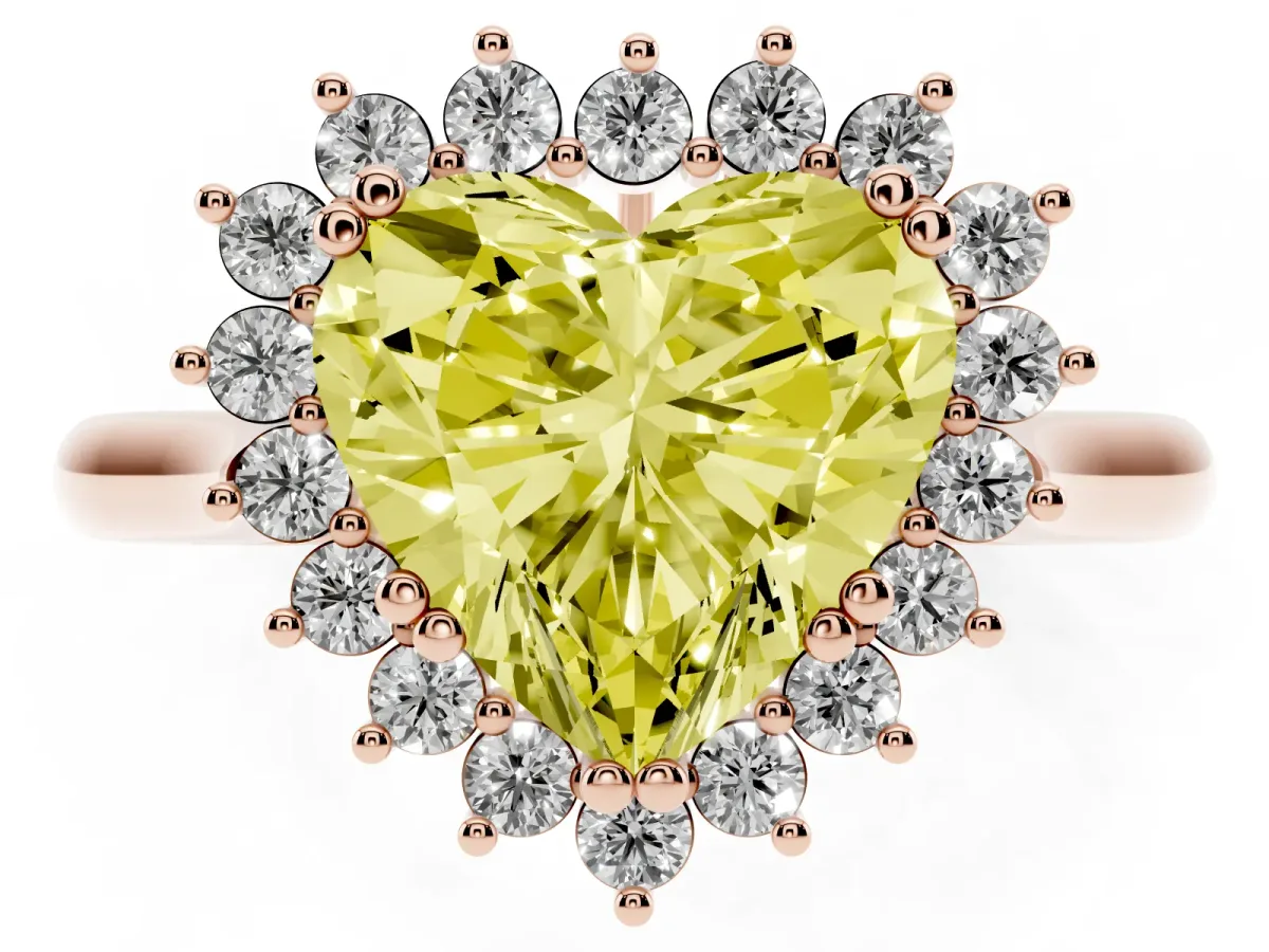 Fancy Yellow Heart Cut Cut Diamond Halo Ring with Solitaire Band and Prong Setting Rose gold