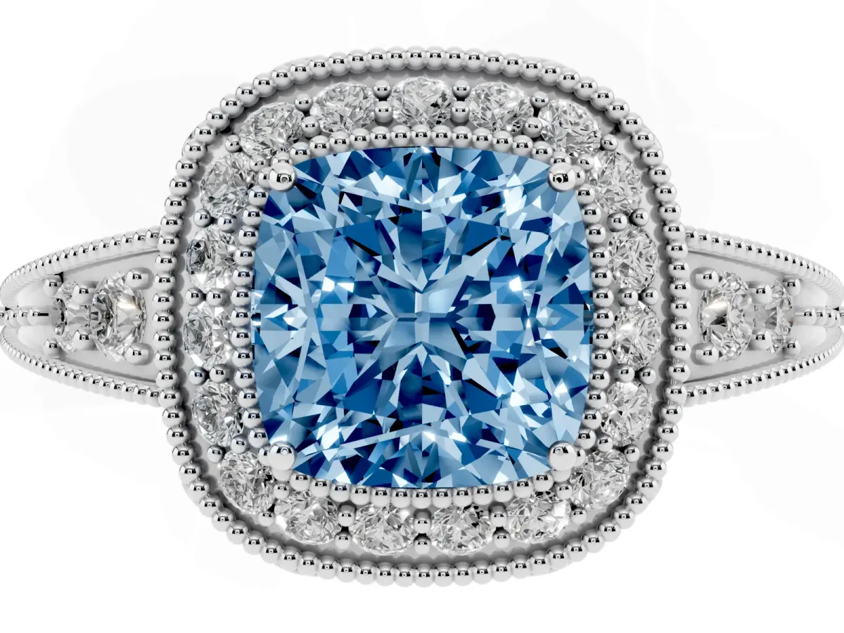 Fancy Blue Cushion Cut Halo Diamond Split Shank Ring with Milgrain Detail Silver