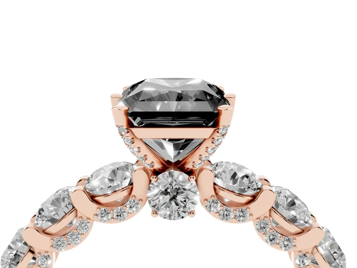 Fancy Black Radiant Cut Diamond Side Stone Engagement Ring with Four-Prong Setting Rose gold