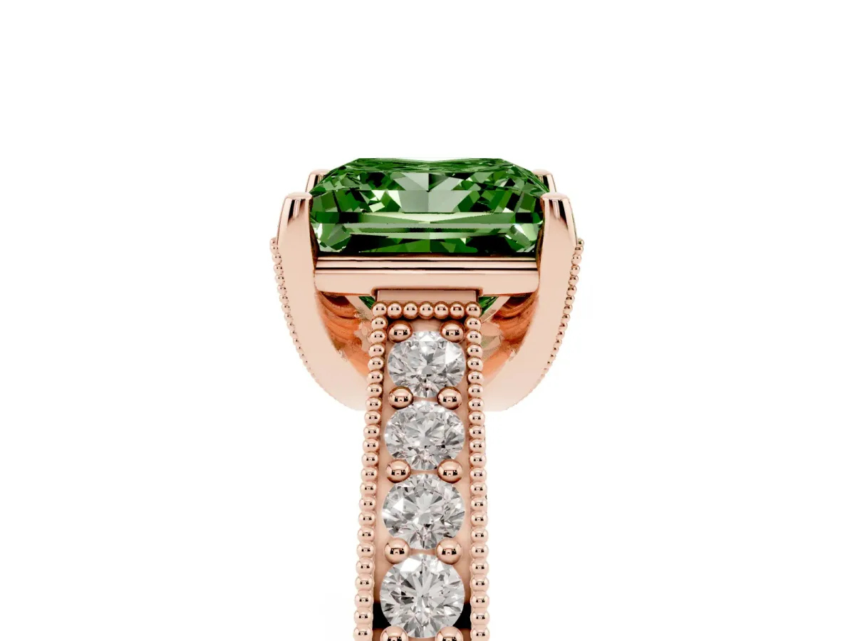 Fancy Green Princess Cut Cut Diamond Solitaire Ring with Milgrain Pave Band and Four Prong Setting Rose gold