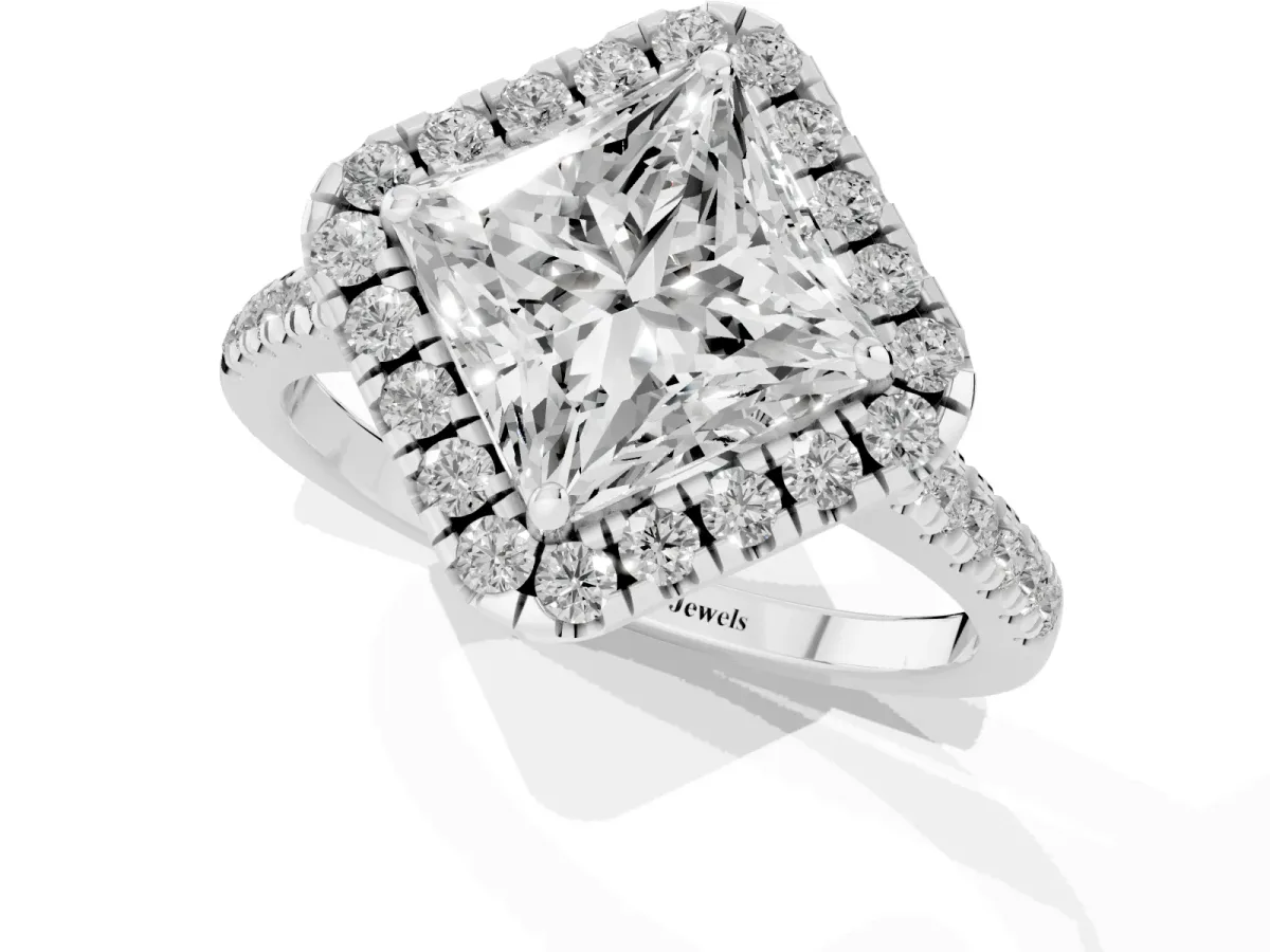 Princess Cut Diamond Cushion Halo Ring with Pavé Band Silver