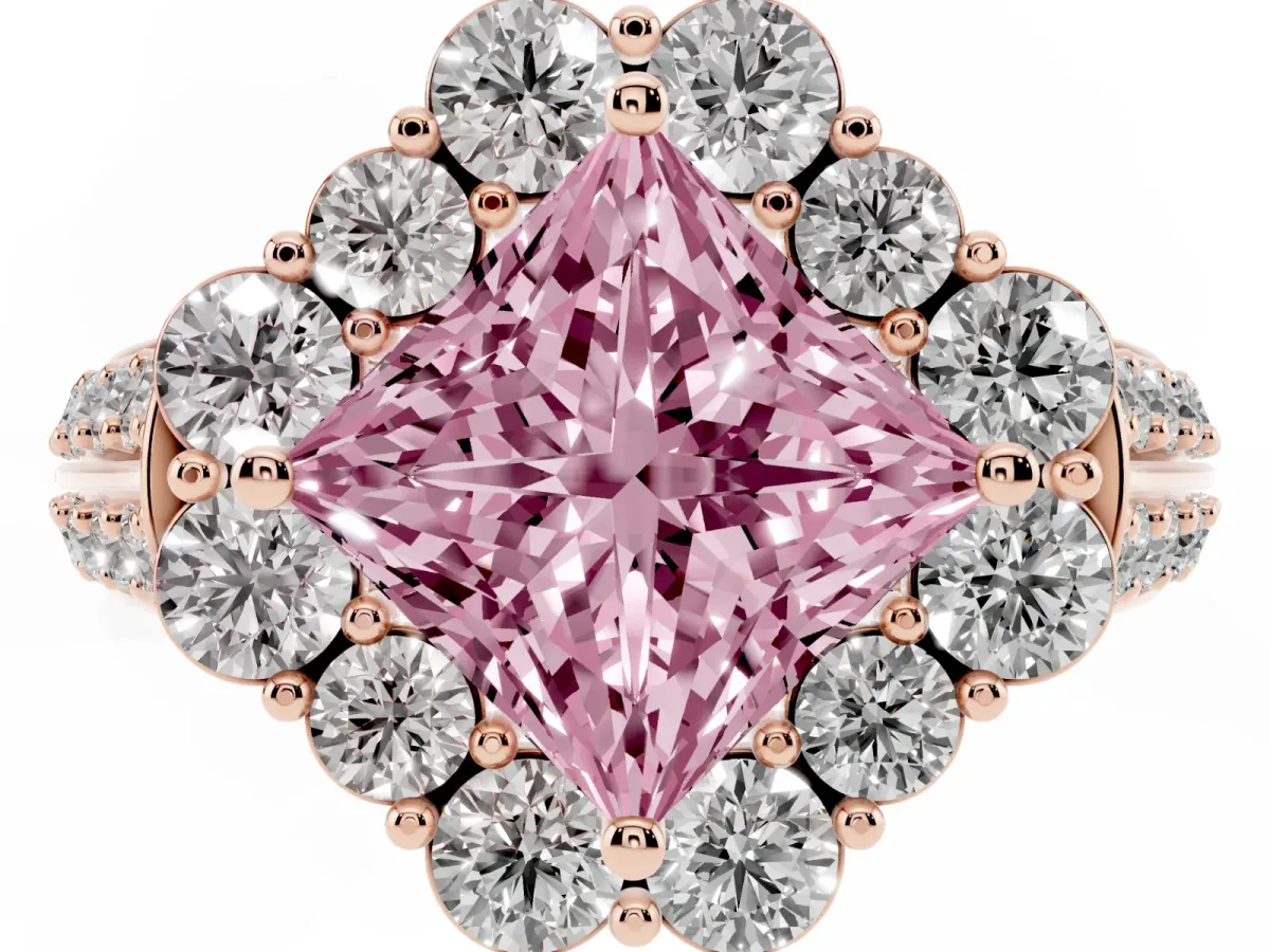 Fancy Pink Princess Cut Halo Diamond Engagement Ring with Split Shank and Prong Setting Rose gold