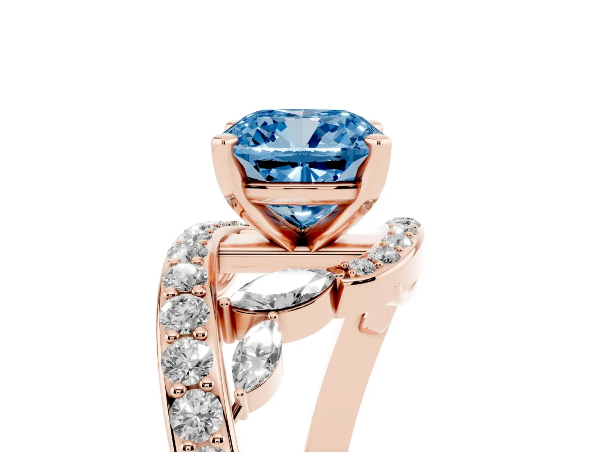 Fancy Blue Cushion Cut Solitaire with Pavé Twist Band and Four-Prong Setting Rose gold